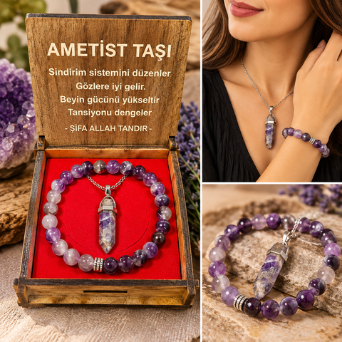 AMETİST TAŞI KOLYE & BİLEKLİK SETİ